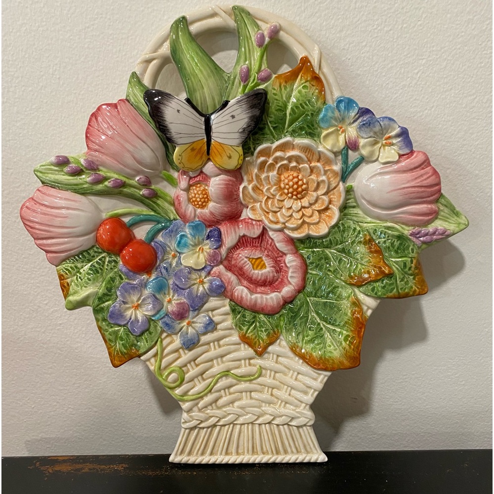 Fitz and Floyd Floral Basket Wall Plaque in White, Green, Pink, Yellow and Blue
